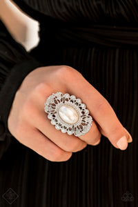 Paparazzi Radiantly Regal - White Pearly Bead - White Rhinestones - Ring - Fashion Fix Exclusive November 2019 - $5 Jewelry with Ashley Swint
