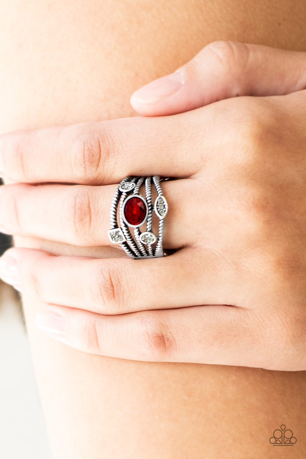 Paparazzi Cosmic Combo - Red Rhinestone - Silver Frames - Ring - $5 Jewelry With Ashley Swint