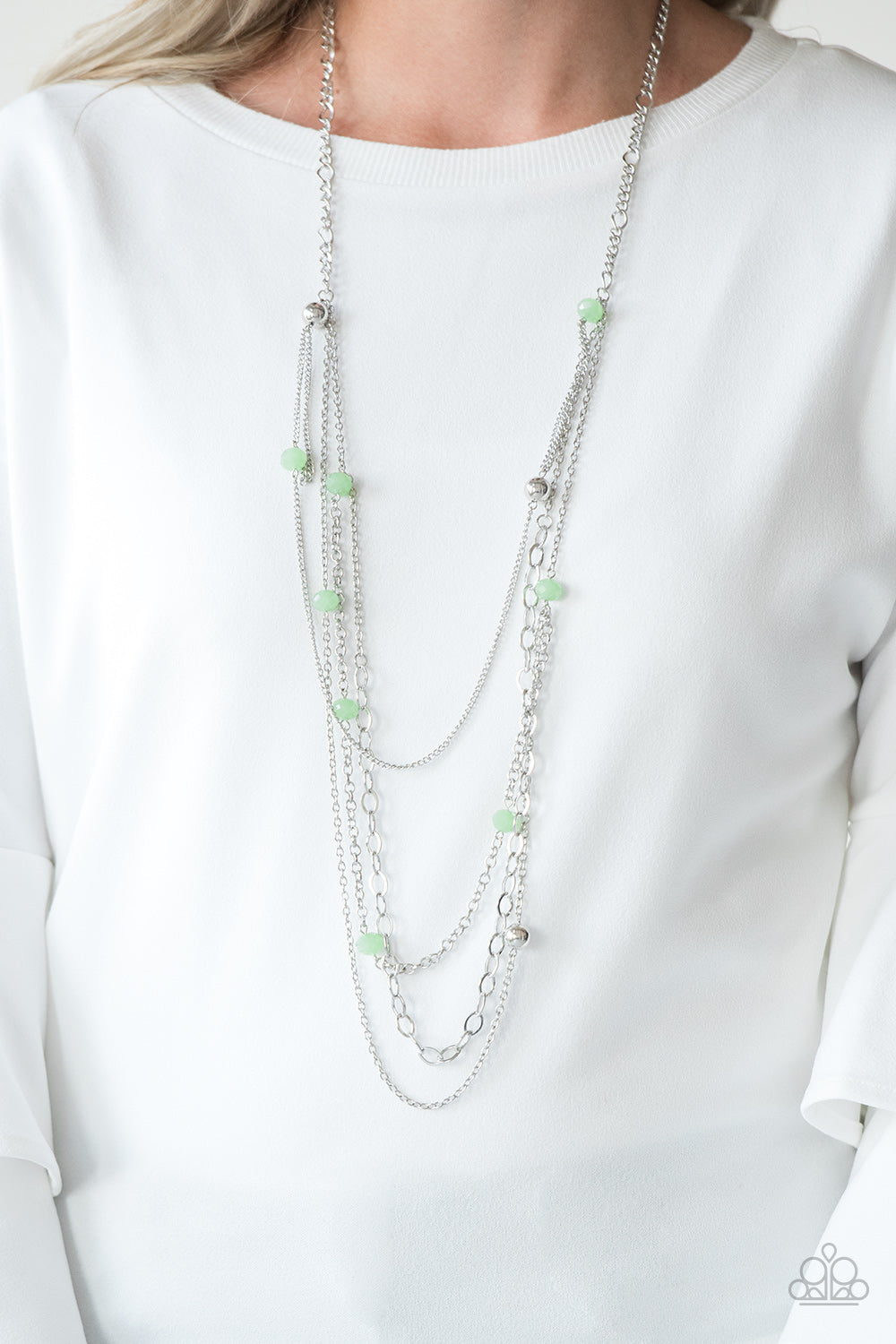 Paparazzi Glamour Grotto - Green - Layers of Silver Chains - Necklace & Earrings - $5 Jewelry With Ashley Swint