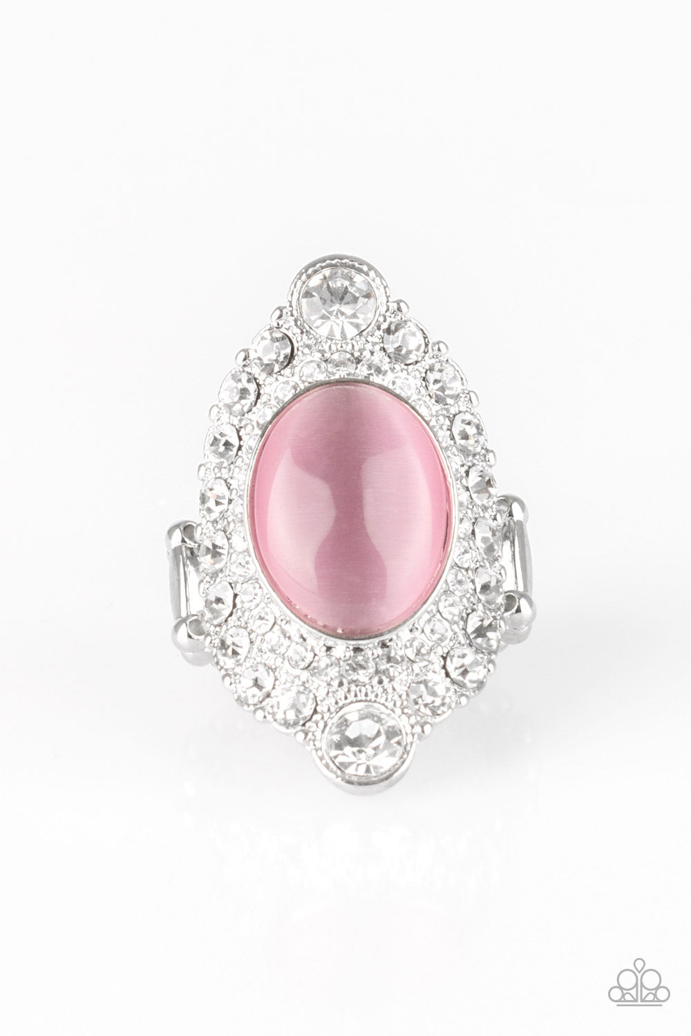 Paparazzi Riviera Royalty - Pink Moonstone - White Rhinestones - Silver Ring - $5 Jewelry With Ashley Swint
