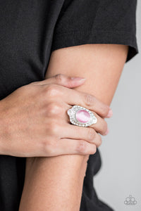 Paparazzi Riviera Royalty - Pink Moonstone - White Rhinestones - Silver Ring - $5 Jewelry With Ashley Swint