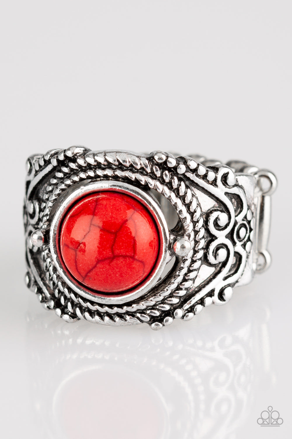 Paparazzi Stand Your Ground - Red Stone - Ornate Silver Ring - $5 Jewelry With Ashley Swint