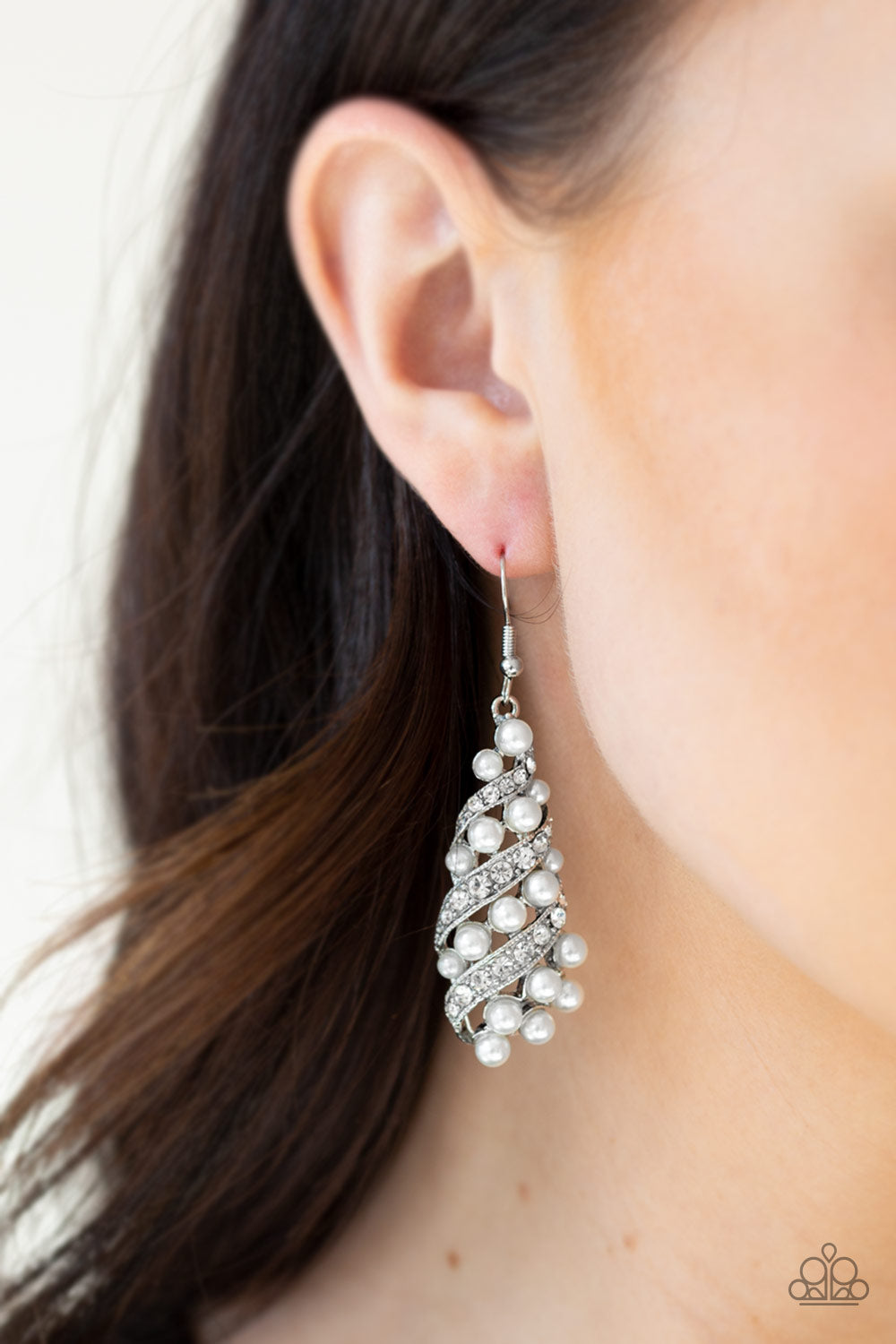 Paparazzi Ballroom Waltz - White Pearls - Teardrop - White Rhinestones - Earrings - $5 Jewelry With Ashley Swint