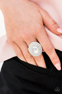 Paparazzi Metro Millionaire - White - Oval Gem / Rhinestones - Silver Ring - Fashion Fix / Trend Blend Exclusive August 2019 - $5 Jewelry with Ashley Swint