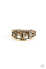Load image into Gallery viewer, Paparazzi Noble Nova - Brass - Aurum Emerald Cut Rhinestones - Dainty Band Ring - $5 Jewelry with Ashley Swint