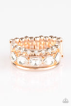 Load image into Gallery viewer, Paparazzi Backstage Sparkle - Rose Gold - White Rhinestones - Ring - $5 Jewelry With Ashley Swint