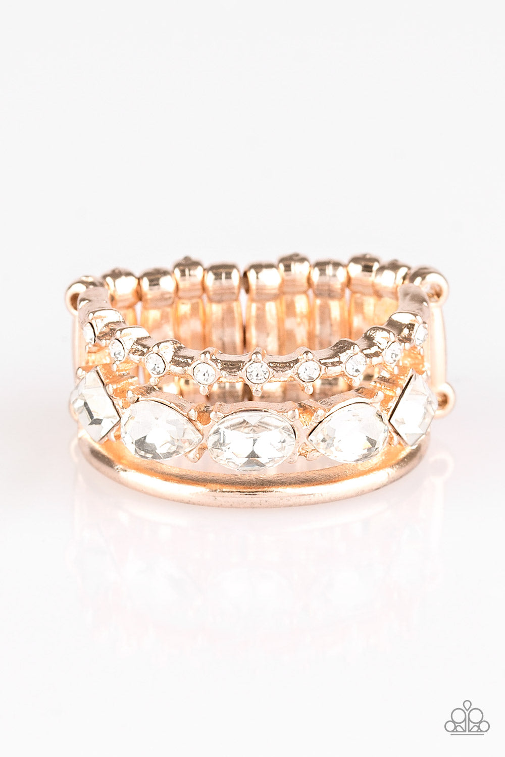 Paparazzi Backstage Sparkle - Rose Gold - White Rhinestones - Ring - $5 Jewelry With Ashley Swint