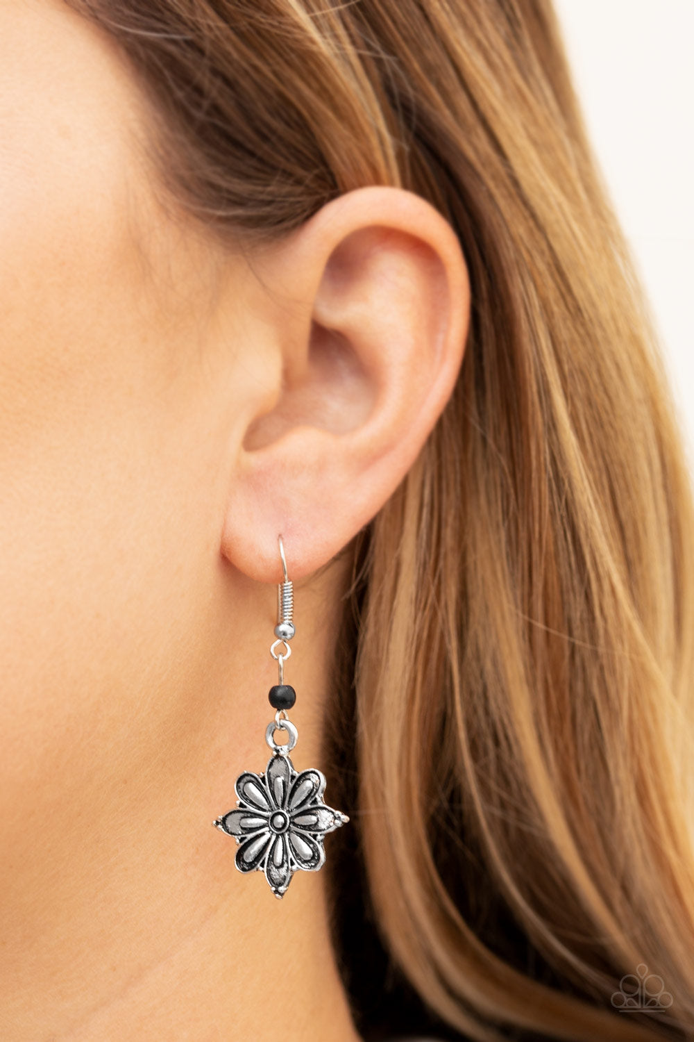 Paparazzi Cactus Blossom - Black Stone - Silver Flower - Earrings