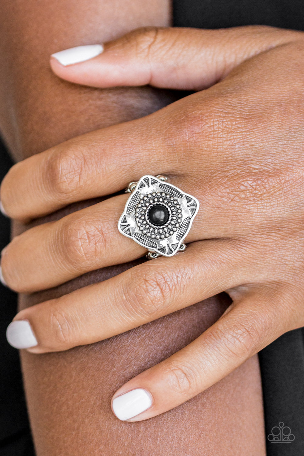 Paparazzi Four Corners Fashion - Black Stone - Silver Ring - $5 Jewelry With Ashley Swint