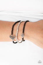 Load image into Gallery viewer, Paparazzi Lovers Loot - Black Bead - Silver Heart &amp; Rose Charms - Set of 3 Stretchy Bracelets - $5 Jewelry With Ashley Swint