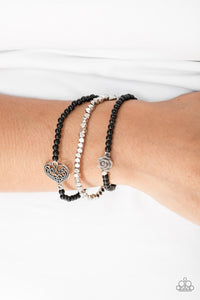 Paparazzi Lovers Loot - Black Bead - Silver Heart & Rose Charms - Set of 3 Stretchy Bracelets - $5 Jewelry With Ashley Swint