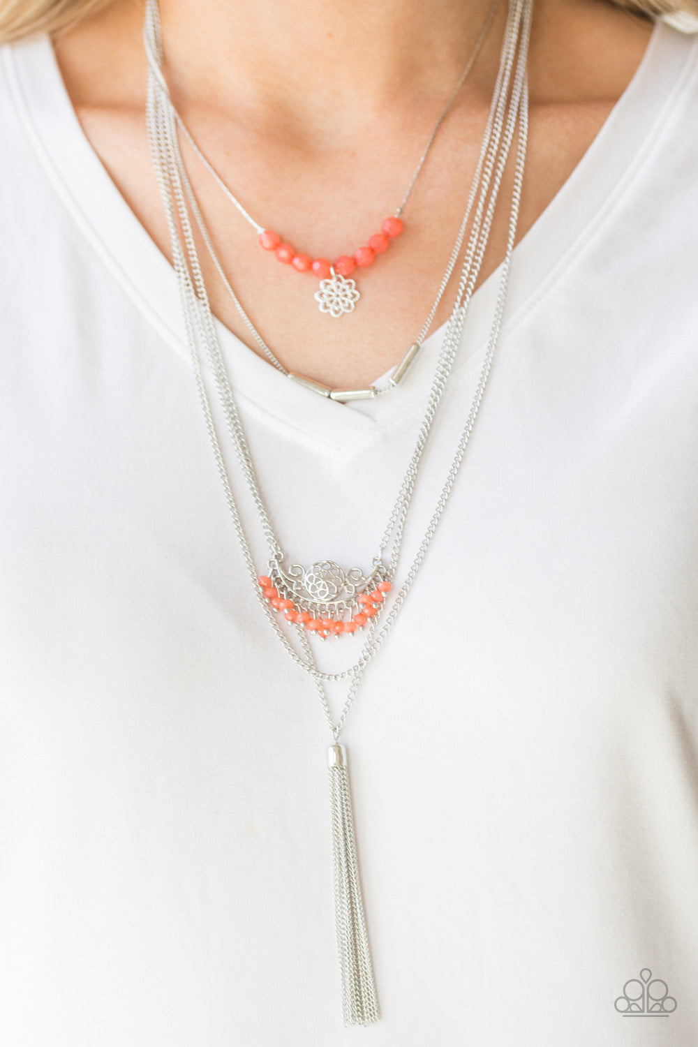 Paparazzi Malibu Mixer - Orange / Coral Beads - Silver Necklace & Earrings - $5 Jewelry with Ashley Swint