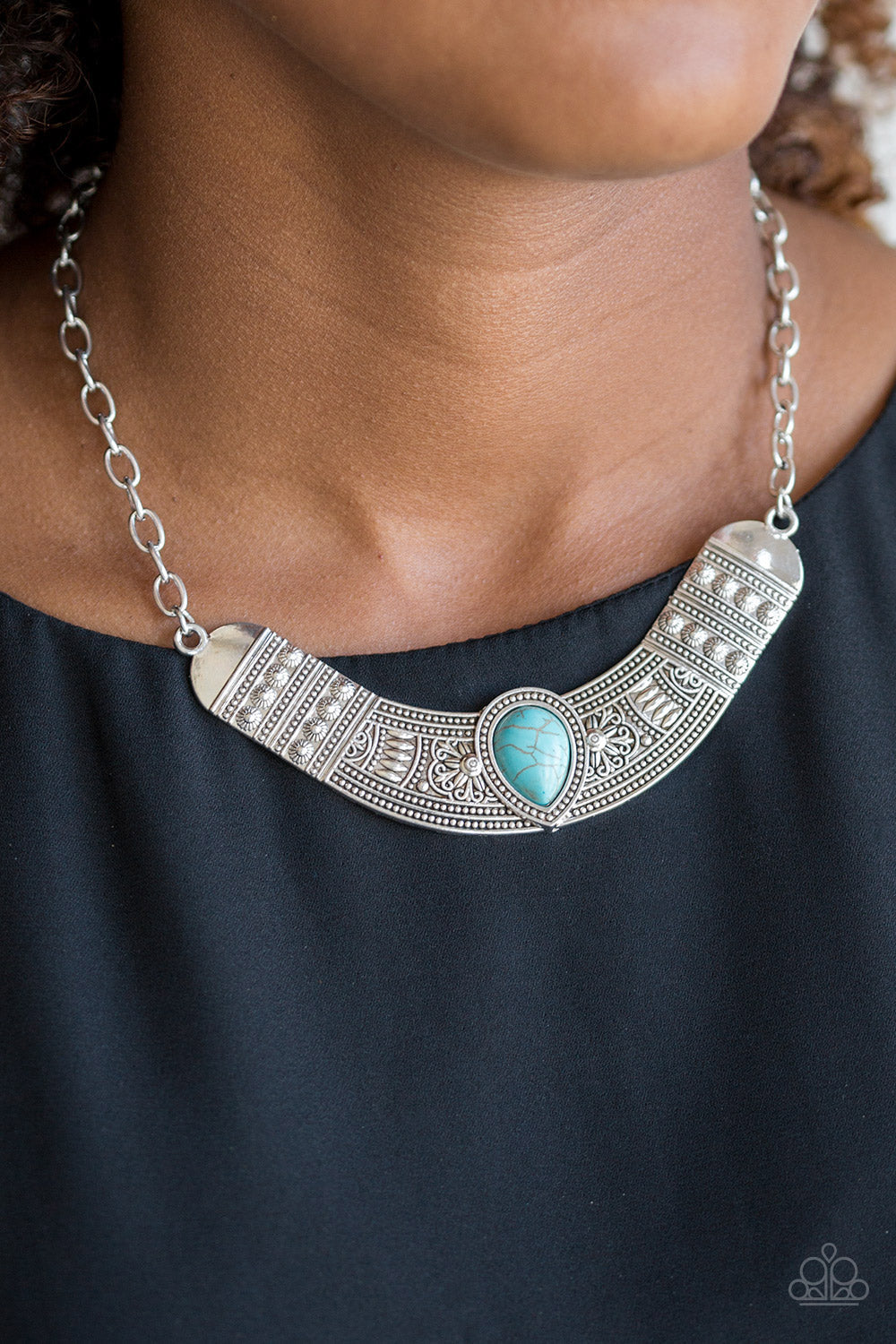 Paparazzi Very Venturous - Blue - Turquoise Stone - Floral and Tribal Inspired Silver - Necklace - $5 Jewelry With Ashley Swint