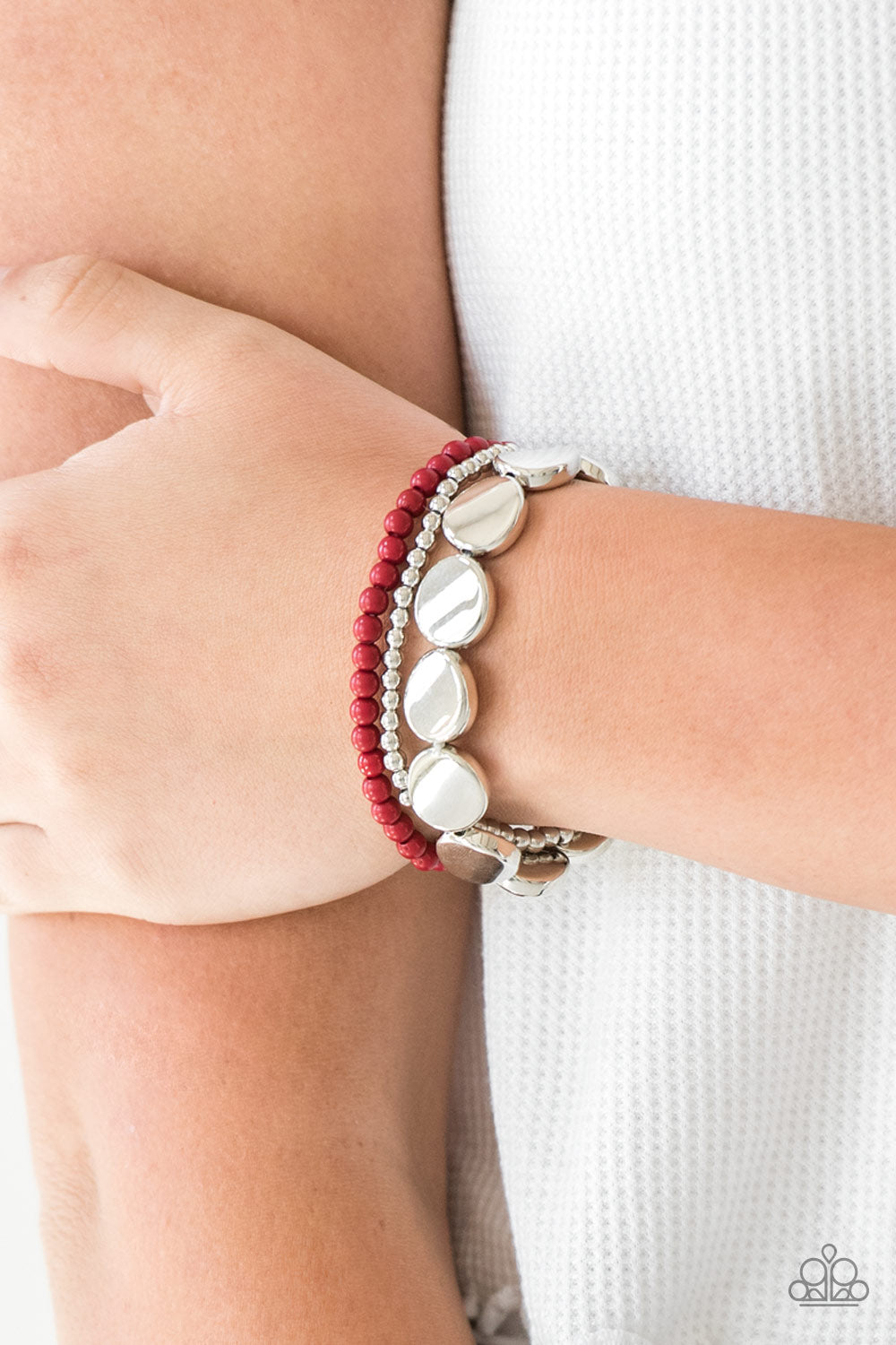 Paparazzi Beyond The Basics - Red Beads - Silver Stretchy Bands - Set of 3 Bracelets - $5 Jewelry With Ashley Swint