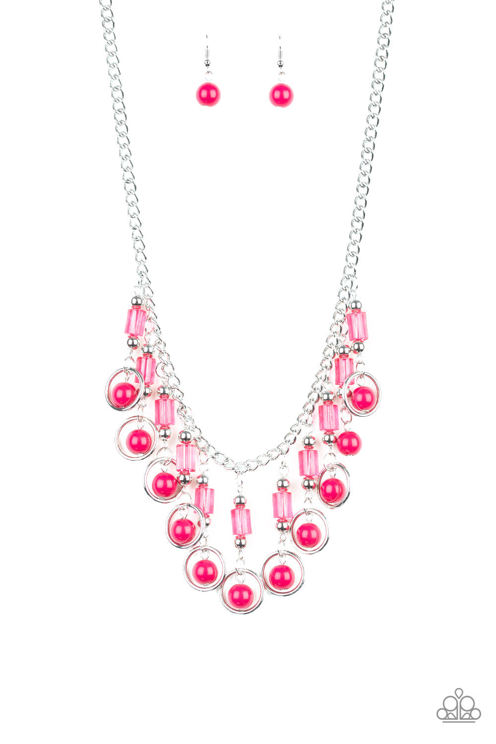 Paparazzi Cool Cascade - Pink - Silver Chain Necklace & Earrings - $5 Jewelry With Ashley Swint