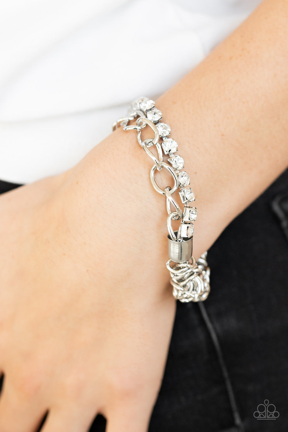 Paparazzi Glamour Grid - White - Rhinestones - Stretchy Band Bracelet - $5 Jewelry with Ashley Swint