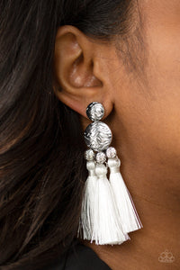 Paparazzi Taj Mahal Tourist - White - Thread / Tassel /Fringe - Silver Textured - Post Earrings - $5 Jewelry With Ashley Swint