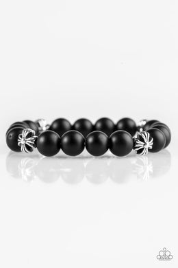Paparazzi Amiable - Black Stones - Silver Floral Accents - Stretchy Bracelet - $5 Jewelry With Ashley Swint
