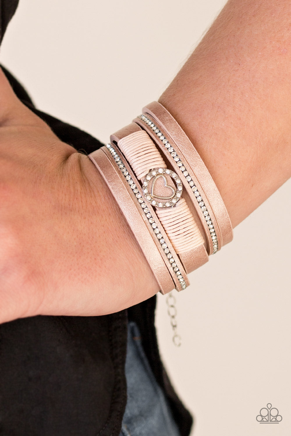 Paparazzi It Takes Heart - Pink Leather - White Rhinestones - Bracelet - $5 Jewelry With Ashley Swint