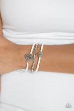 Load image into Gallery viewer, Paparazzi Lovers Loot - White - Silver Heart &amp; Rose Charms - Set of 3 Stretchy Bracelets - $5 Jewelry With Ashley Swint