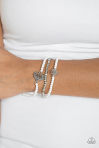 Paparazzi Lovers Loot - White - Silver Heart & Rose Charms - Set of 3 Stretchy Bracelets - $5 Jewelry With Ashley Swint