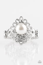 Load image into Gallery viewer, Paparazzi Perfect Perfectionist - White Pearly Bead - Silver Frame - White Rhinestones - Ring - $5 Jewelry With Ashley Swint