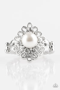 Paparazzi Perfect Perfectionist - White Pearly Bead - Silver Frame - White Rhinestones - Ring - $5 Jewelry With Ashley Swint