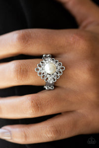 Paparazzi Perfect Perfectionist - White Pearly Bead - Silver Frame - White Rhinestones - Ring - $5 Jewelry With Ashley Swint