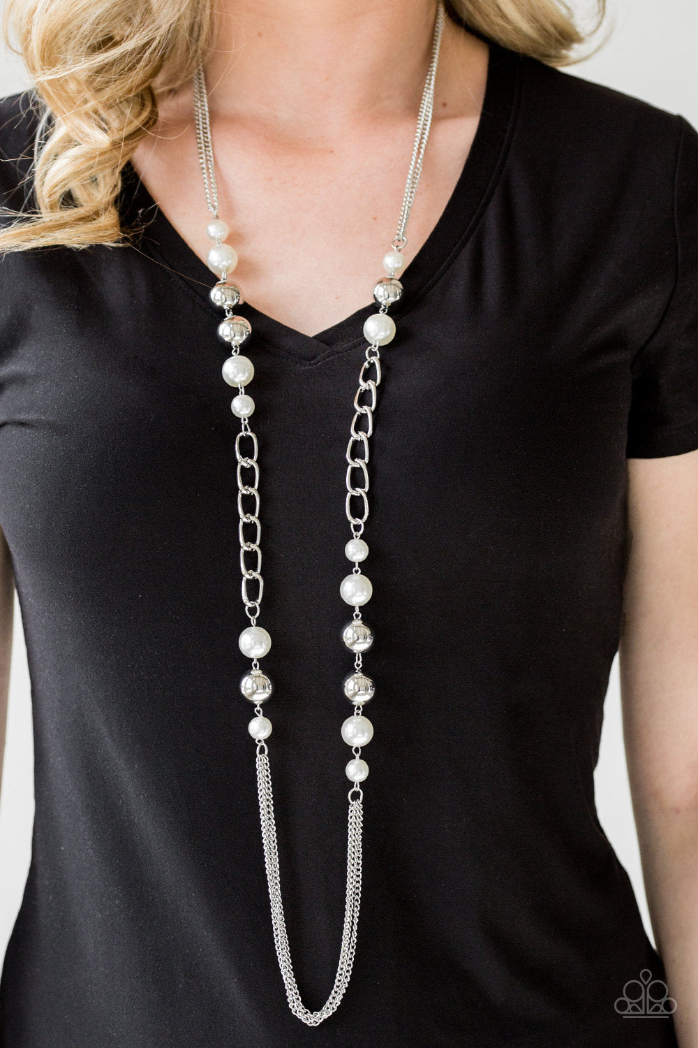 Paparazzi Uptown Talker - White Pearly & Silver Beads - Necklace & Earrings - $5 Jewelry With Ashley Swint