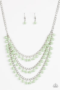 Paparazzi Chicly Classic - Green Pearls - Silver Necklace and matching Earrings - $5 Jewelry With Ashley Swint