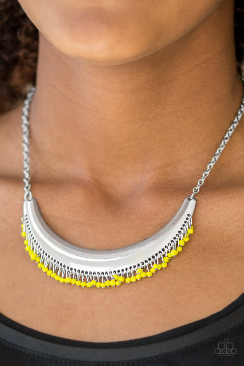 Paparazzi Fringe Out - Yellow - Seed Beads - Bold Silver Crescent Moon - Necklace & Earrings - $5 Jewelry With Ashley Swint