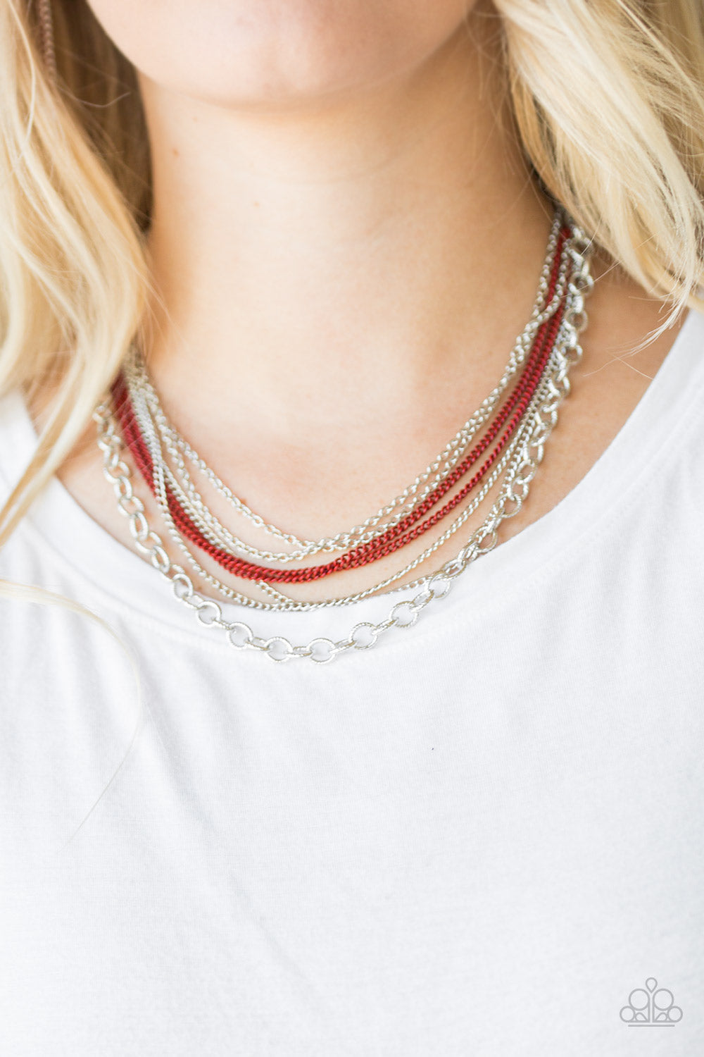 Paparazzi Intensely Industrial - Red - Silver Necklace and matching Earrings - $5 Jewelry With Ashley Swint