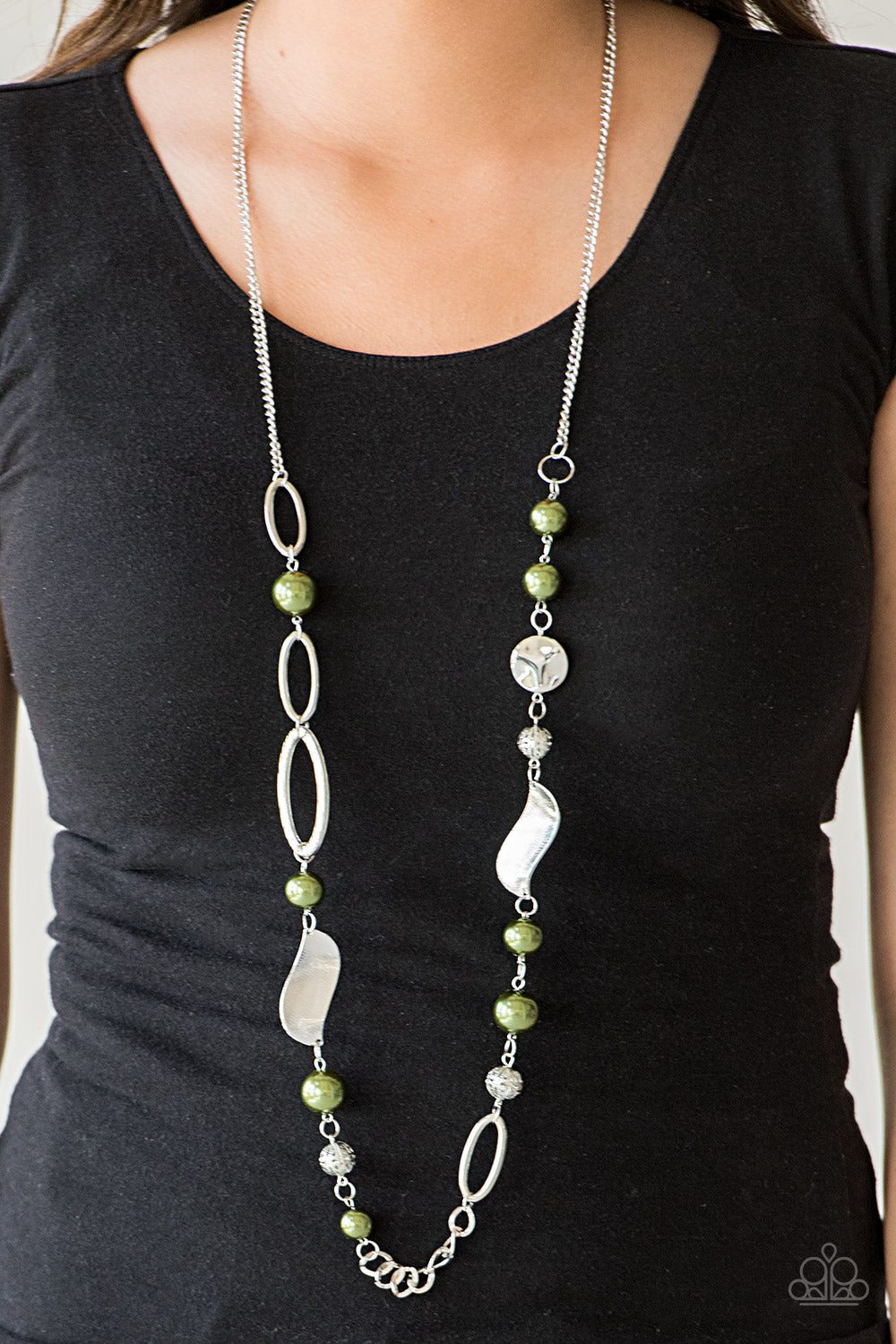 Paparazzi All About Me - Green Pearls - Silver Necklace & Earrings - $5 Jewelry With Ashley Swint