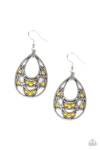Paparazzi Malibu Macrame - Yellow - Rhinestones - Silver Petals - Earrings - $5 Jewelry with Ashley Swint