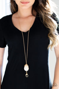 Paparazzi Nightcap and Gown - Gold - LANYARD - Teardrop Moonstone Necklace & Earrings - $5 Jewelry with Ashley Swint