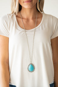 Paparazzi Full Frontier - Blue - Turquoise Stone Teardrop - Silver Ornate Necklace & Earrings - $5 Jewelry With Ashley Swint