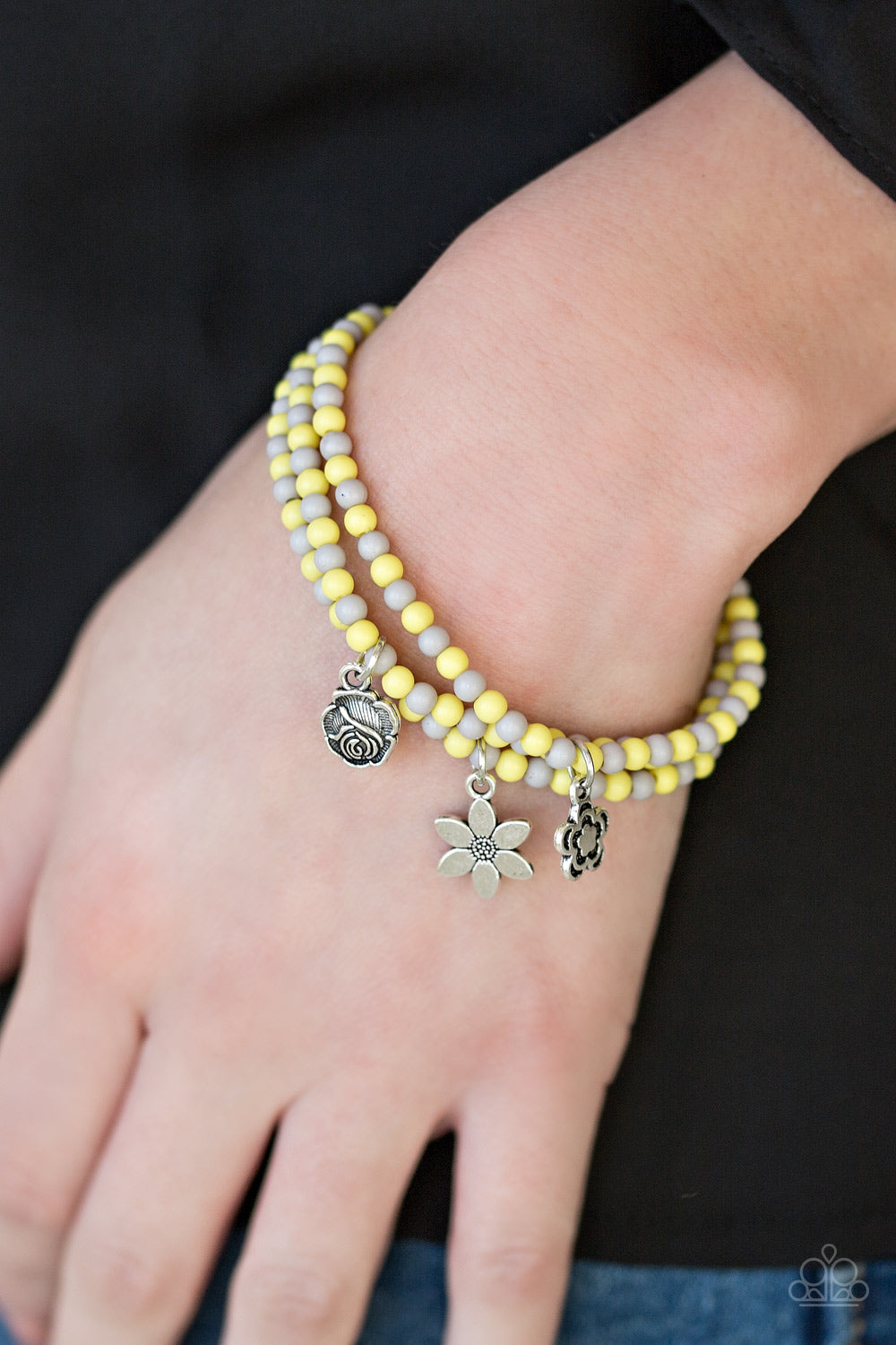 Paparazzi Rooftop Gardens - Yellow - Gray Beads - Set of 3 Stretchy Band Bracelets - $5 Jewelry With Ashley Swint