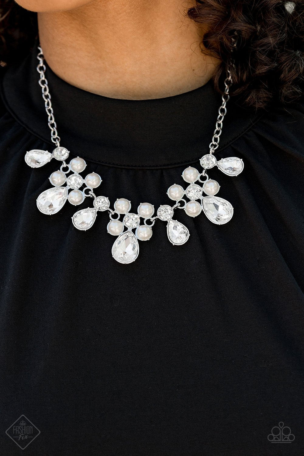 Paparazzi Demurely Debutante - White Rhinestones & Pearls - Necklace & Earrings - $5 Jewelry with Ashley Swint
