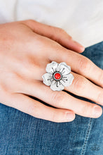 Load image into Gallery viewer, Paparazzi Boho Blossom - Red Bead - Silver Flower Ring - $5 Jewelry With Ashley Swint