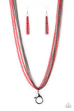 Load image into Gallery viewer, Paparazzi Colorful Calamity - Red Chains - LANYARD - Mismatched Gunmetal and Silver - Necklace and matching Earrings - $5 Jewelry With Ashley Swint