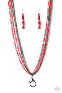 Paparazzi Colorful Calamity - Red Chains - LANYARD - Mismatched Gunmetal and Silver - Necklace and matching Earrings - $5 Jewelry With Ashley Swint