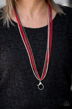 Load image into Gallery viewer, Paparazzi Colorful Calamity - Red Chains - LANYARD - Mismatched Gunmetal and Silver - Necklace and matching Earrings - $5 Jewelry With Ashley Swint
