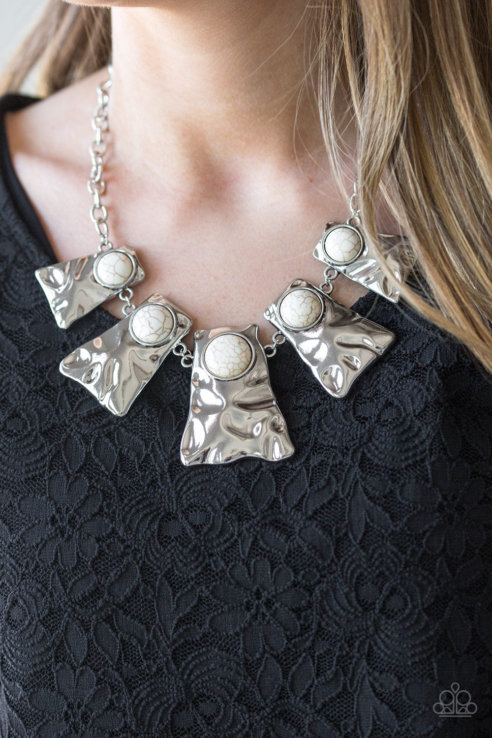 Paparazzi Cougar - White Stones - Silver Frame - Necklace and matching Earrings - $5 Jewelry With Ashley Swint