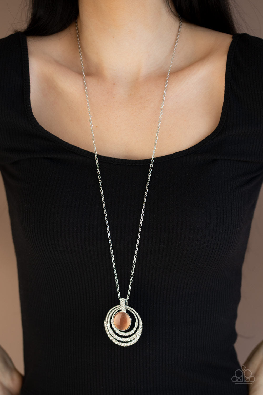 Paparazzi A Diamond a Day - Orange - Cat's Eye Moonstone - Dipped in Rhinestones - Silver Hoops Necklace & Earrings - $5 Jewelry with Ashley Swint