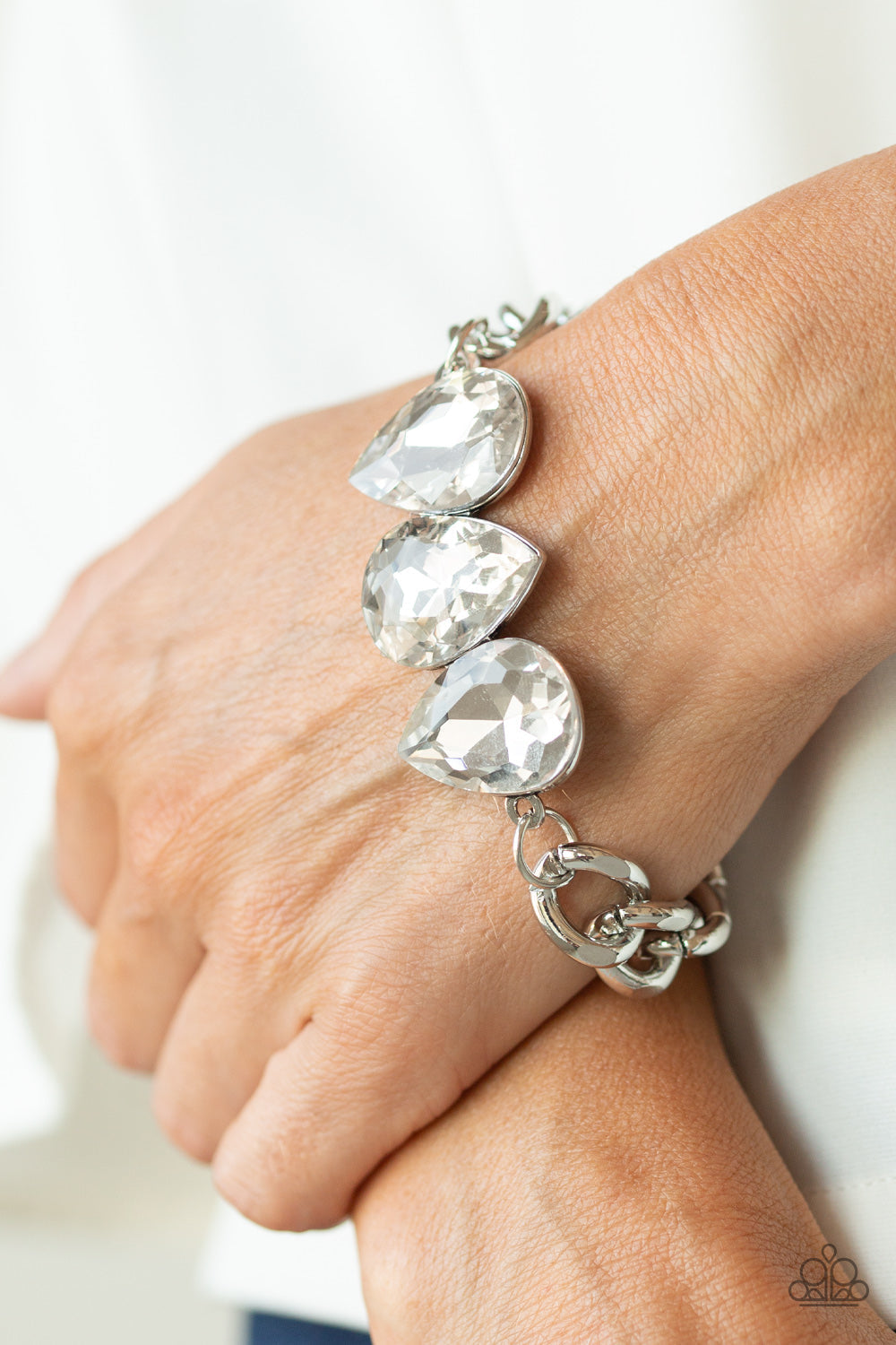 Paparazzi Bring Your Own Bling - White Teardrop Gems - Dramatic Silver Chain Bracelet - $5 Jewelry with Ashley Swint