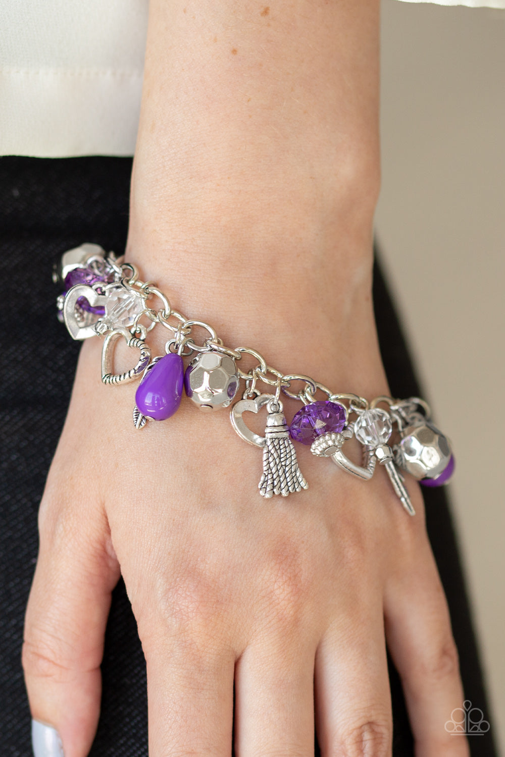 Paparazzi Charmingly Romantic - Purple Teardrop - Silver Charms - Hearts, Leaf, Feathers - Bracelet - $5 Jewelry With Ashley Swint