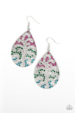 Paparazzi Hustle and Bustle - Multi - Pink, Green & Blue Rhinestones - Silver Teardrop Filigree Earrings - $5 Jewelry With Ashley Swint