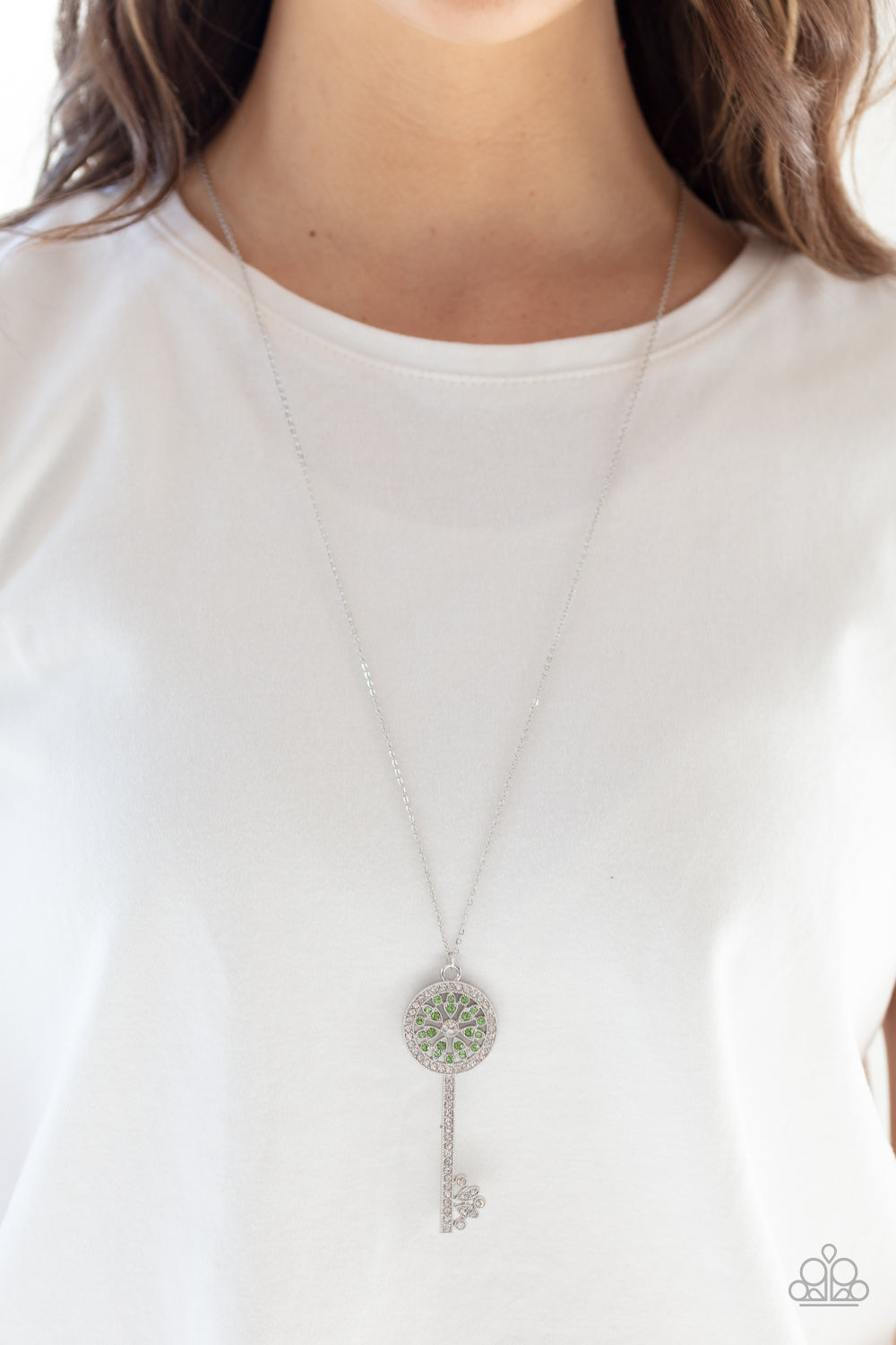 Paparazzi Keeping Secrets - Green - White Rhinestones - Shiny Silver Key - Necklace & Earrings - $5 Jewelry with Ashley Swint