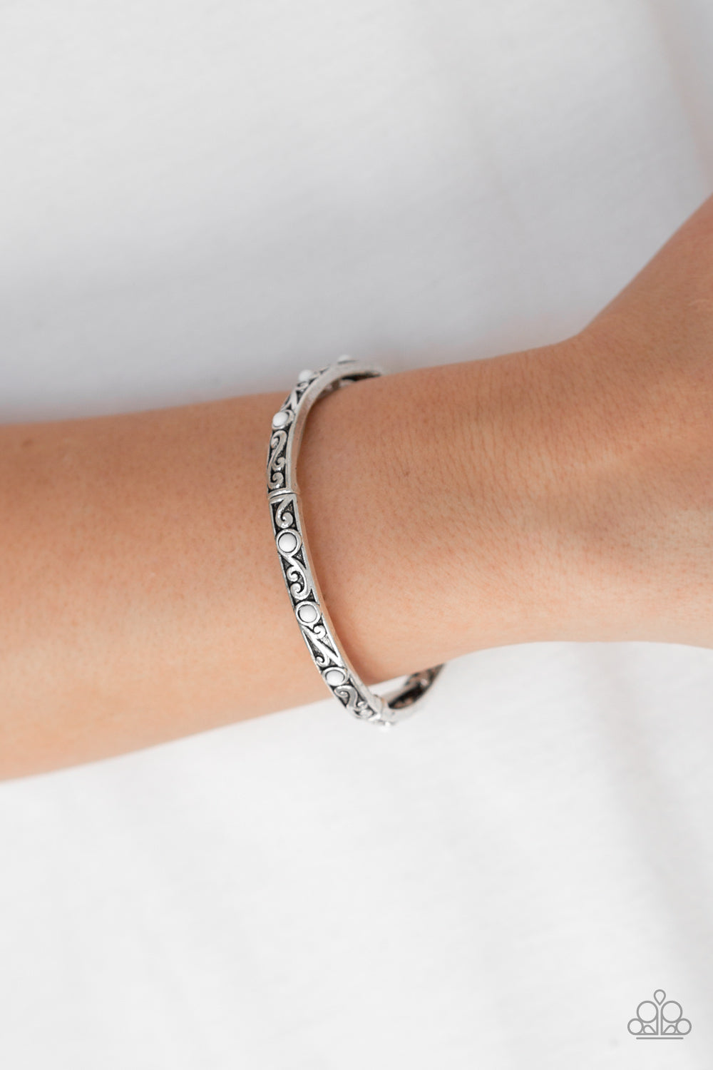 Paparazzi Malibu Marvelous - White Beads - Silver Vine - Stretchy Band Bracelet - $5 Jewelry With Ashley Swint