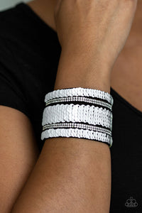 Paparazzi MERMAID Service - White / Multi Colored Sequin - White Rhinestones - Black Suede Bracelet - $5 Jewelry With Ashley Swint